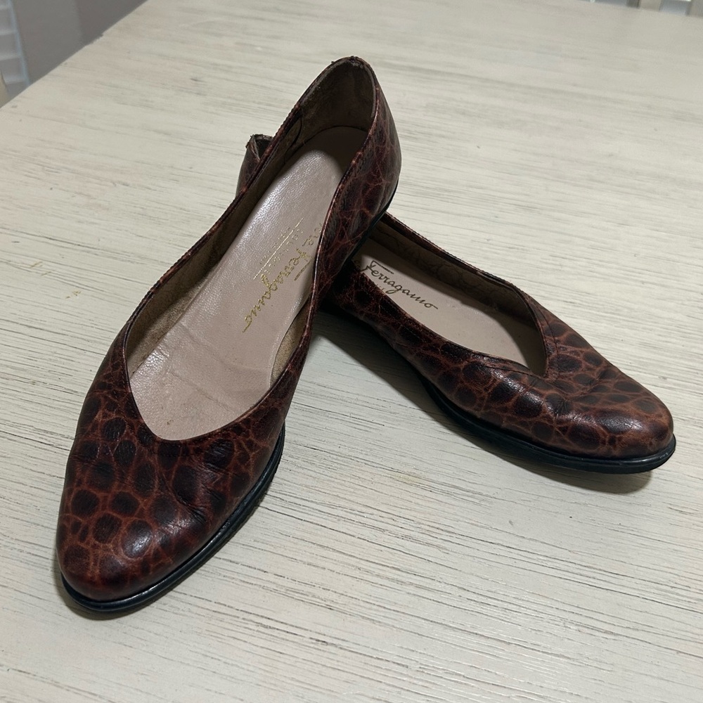 Salvatore Ferragamo leather, animal print flats.  Made in Italy. Size 6 AA